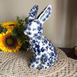 Blue and White Floral Ceramic Bunny Figurine - Home Art Accent